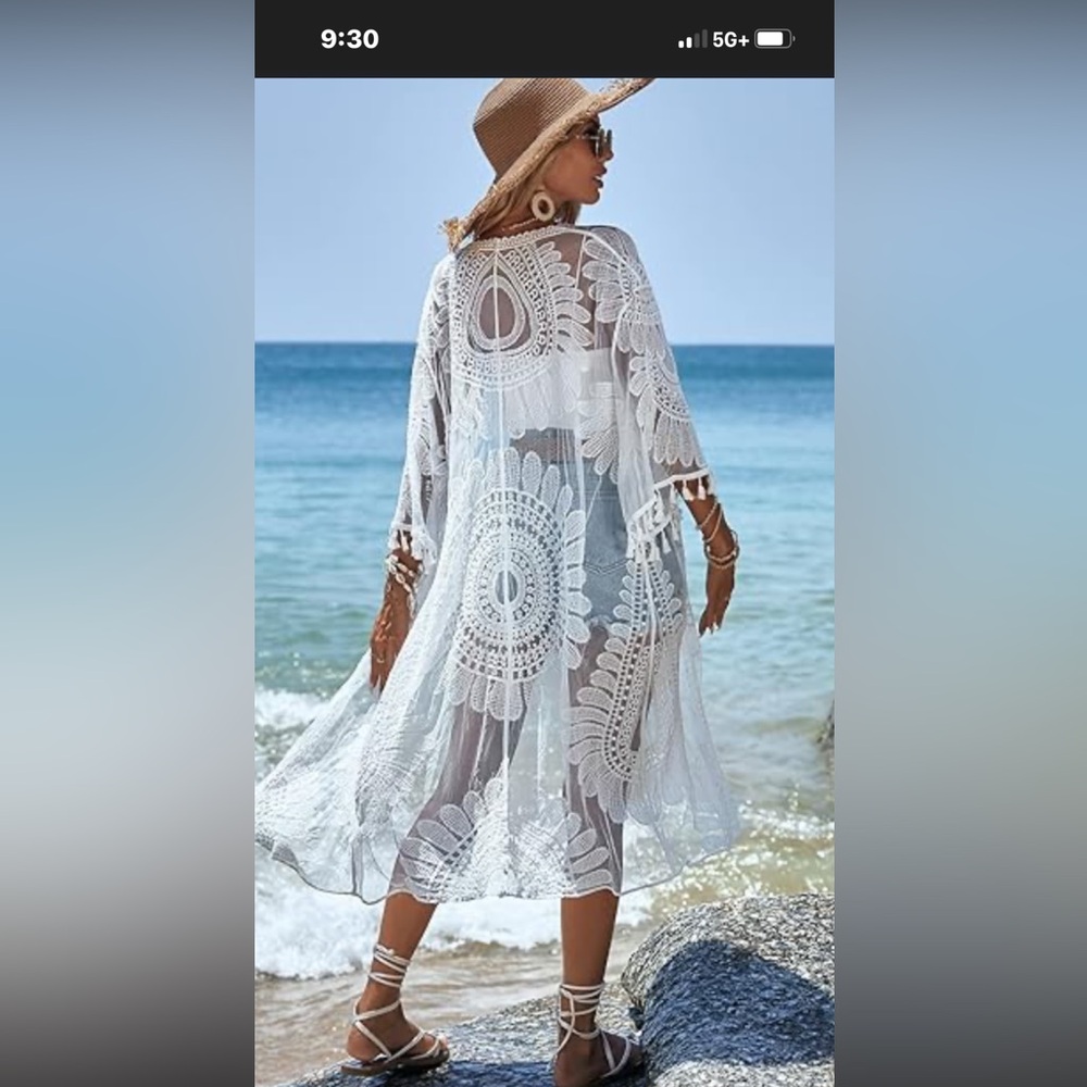 A Diva white  Lace Kimono swim suit cover front tie floral beach vacation